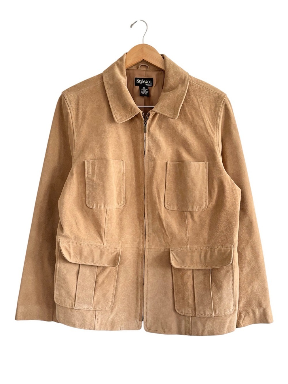Style & Co Camel Leather Suede Zip-Front Field Jacket